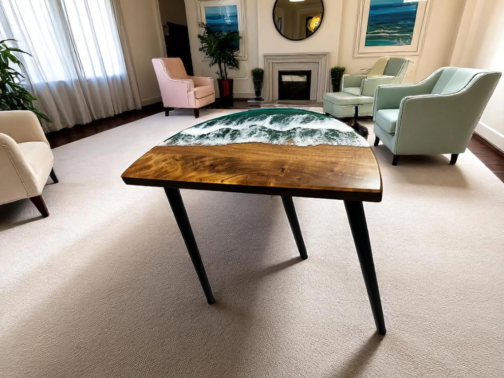 Half Moon Epoxy Table with Ocean Design – Made to Order 